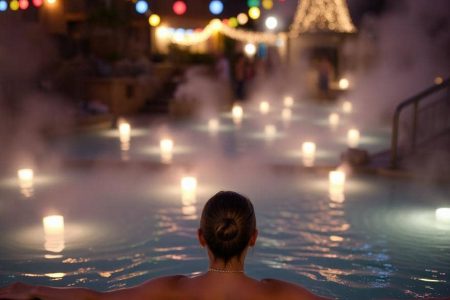 Woman relaxing at thermal pool in Furnas